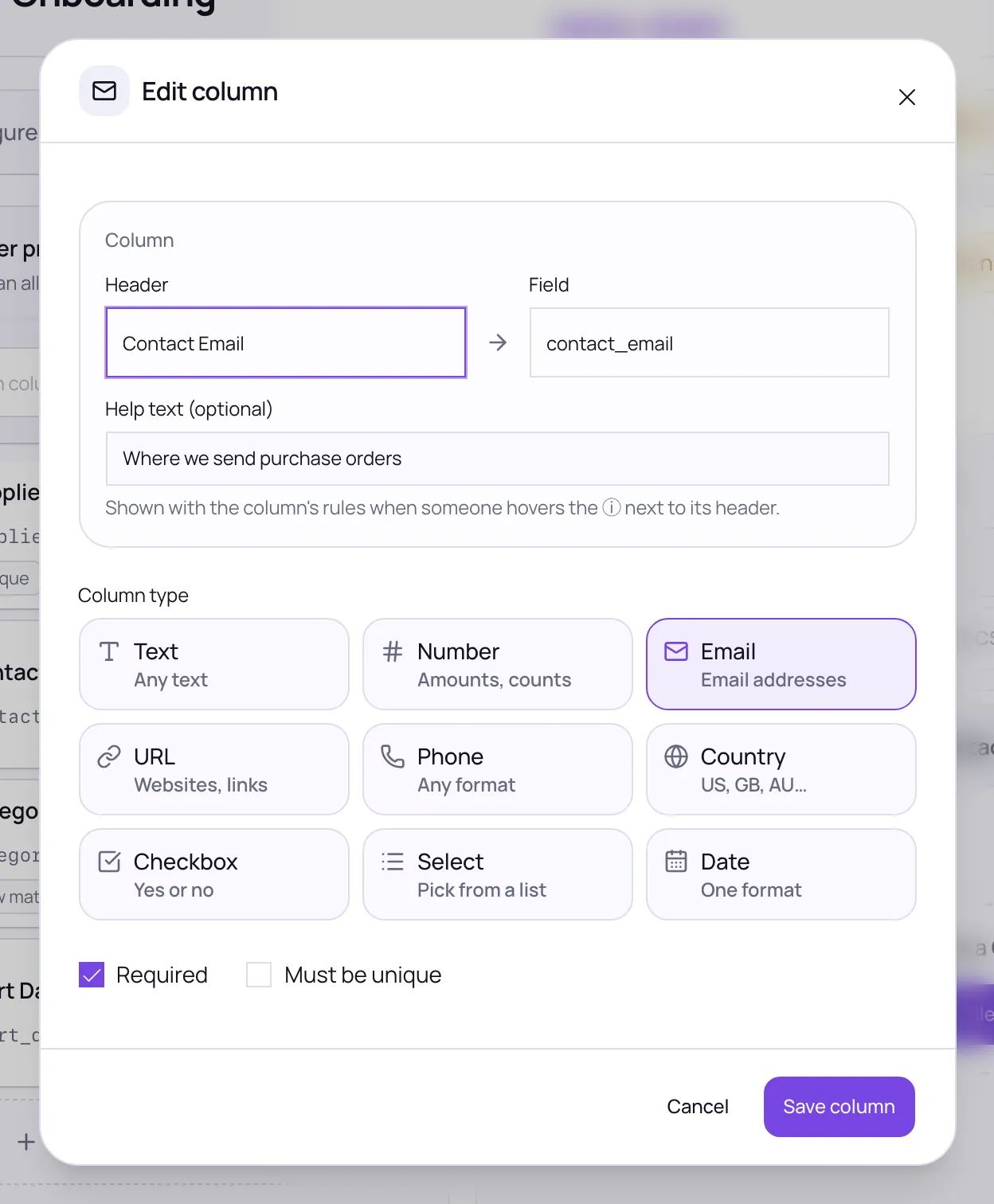 The Edit column dialog with Header, Field, Help text, Column type set to Email and Required ticked