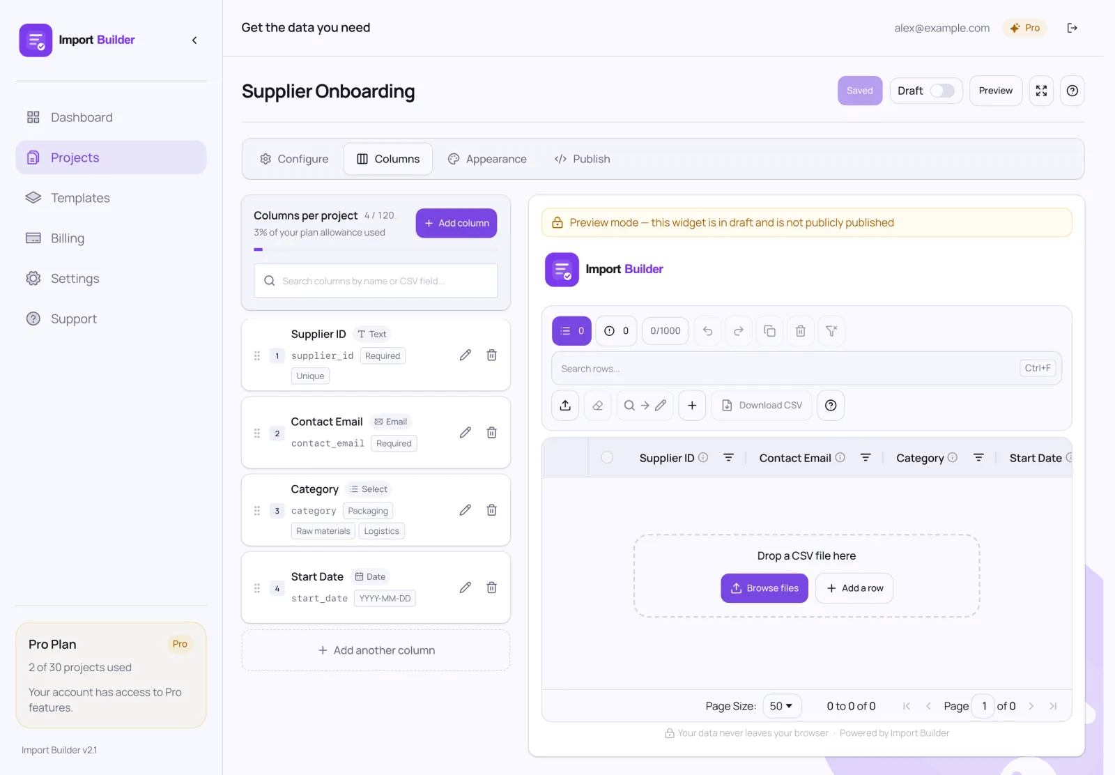 The project builder's Columns tab, with four columns listed beside a live preview of the form