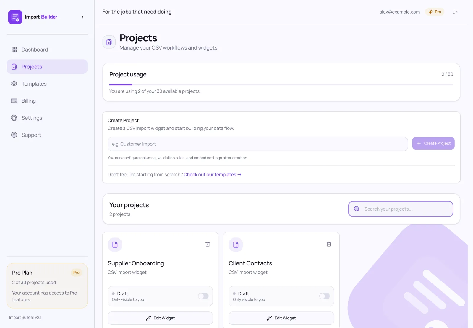 The Projects page in Import Builder, with project usage, Create Project and two projects