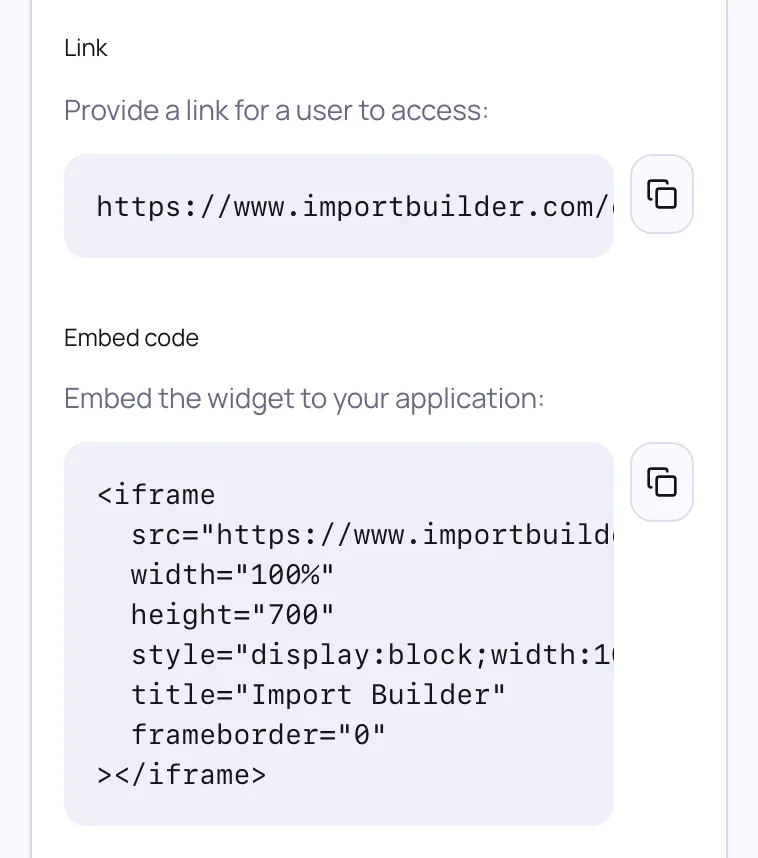 The Publish tab, with the public link and the embed code, each with a copy button