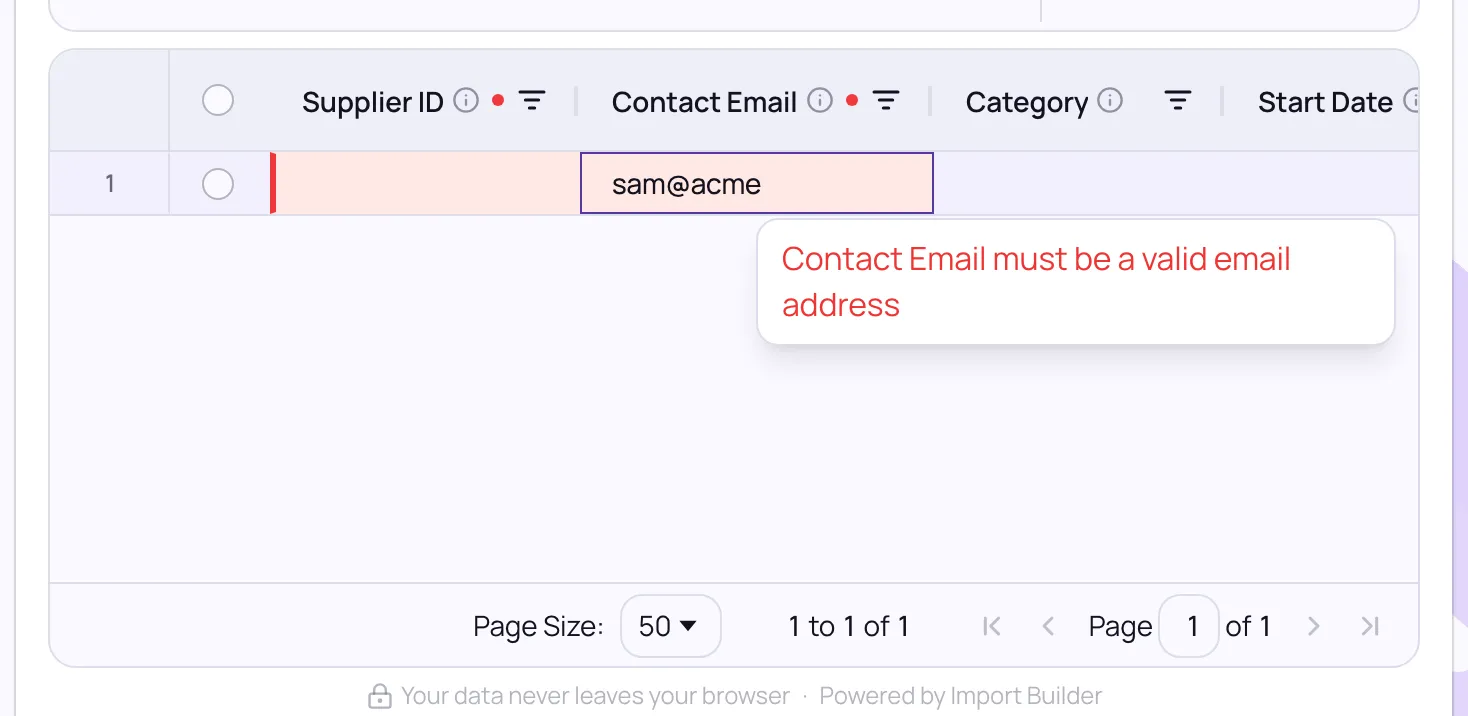 The live preview with an invalid email highlighted and the message Contact Email must be a valid email address