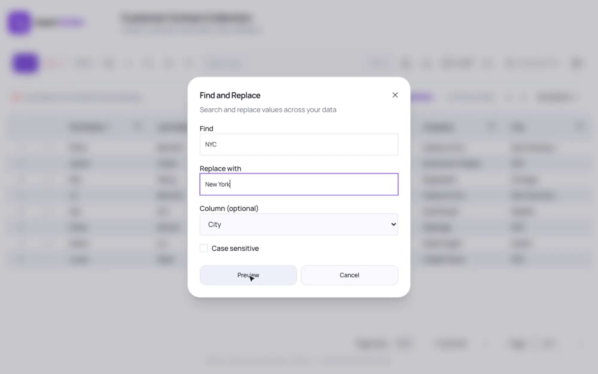 Find and replace changing NYC to New York in the City column after a preview, then a duplicate email flagged on two rows and cleared by deleting one.